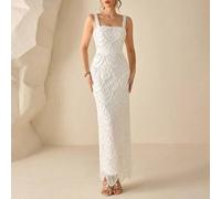 Shein Elegante vestido de noche con cuello cuadrado, diseño de perlas con forma de abanico floral hidrosoluble, falda de dobladillo recto, perfecto para oca
