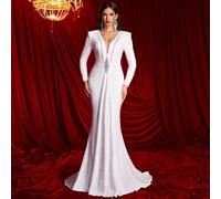 Shein Elegante vestido de noche con cuello en V profundo, mangas largas, adorno de cristal rhinestone, degradado de tul, flecos y dobladillo de sirena, perf