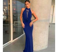 Shein Elegante vestido de noche de cola de sirena con cuello halter drapeado y panel de encaje en azul real - Vestido formal sexy sin mangas para fiestas y