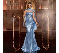 Shein Elegante vestido de noche de sirena de ajuste ceñido con bordado 3D de cuentas en azul lujoso, adecuado para citas, vacaciones, fiestas de solteros, b