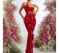 Shein Elegante vestido de noche largo con cuello en V, sin mangas, fruncido y con flores 3D en negro y rojo, hecho a mano