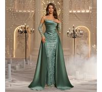 Shein Elegante vestido de noche para mujer en gris oscuro verdoso de lujo, con bordado de cuentas 3D, satén brillante, sin tirantes, cuello drapeado, falda