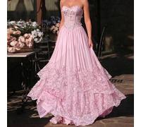 Shein Elegante vestido de noche romántico hecho a mano con encaje floral 3D, patchwork de gasa, sin tirantes, estilo vasco de cintura baja, falda línea A ex