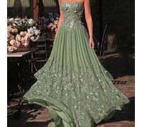 Shein Elegante vestido de noche romántico para mujer, hecho a mano con encaje floral 3D, patchwork de gasa, sin tirantes, estilo vasco de cintura baja, fald