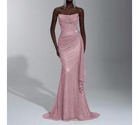 Shein Elegante vestido de noche verde oliva con cuello en pico profundamente enjoyado con lentejuelas, decoración desmontable de flores 3D de cristal, drape