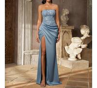 Shein Elegante vestido de satén brillante gris-azul de lujo con bordado de cuentas 3D y patchwork, sin tirantes, con cintura asimétrica, abertura fruncida,