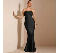 Shein Elegante vestido de satén rosa sólido sin tirantes, escote en pico y espalda descubierta con silueta de sirena para mujeres, adecuado para cóctel, cit