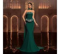 Shein Elegante Vestido de Sirena de Lujo Verde Esmeralda con Perlas y Diamantes, Vestido de Fiesta Formal de Prom con Hombro Único de Punto Elástico con Col