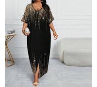 Shein Elegante vestido kaftan de talla grande con lentejuelas negras y doradas para mujeres, vestido de noche con cuello en V y brillo para otoño, vestido d