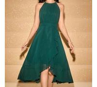 Shein Elegante vestido largo de dama de honor sin mangas con cuello halter, volantes en el bajo y de gasa, adecuado para bodas, galas, cumpleaños, bailes de