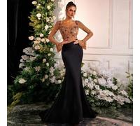 Shein Elegante vestido largo de gala de tul negro y caqui con mangas largas abullonadas, decoraciones de lujo y falda tipo sirena para fiestas, bodas o even