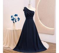 Shein Elegante vestido largo de gasa azul marino de un solo hombro sin mangas con cintura elegante y lujoso para niña adolescente