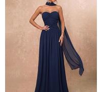 Shein Elegante vestido largo de gasa gris oscuro-morado, sin tirantes, fruncido, asimétrico con nudo, cintura ajustable con lazo, vestido de noche formal co