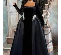 Shein Elegante vestido largo de línea A con cuello cuadrado, decoración de perlas de terciopelo y mangas largas que estilizan, para mujeres de talla grande,