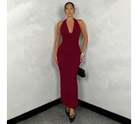 Shein Elegante vestido largo de mujer de un solo color con cuello de halter de malla, con estilo gracioso para citas y vacaciones
