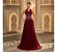 Shein Elegante vestido largo minimalista de malla elástica con cuello halter, sin mangas, cintura ceñida, adornado a mano con diamantes y perlas, cuello red
