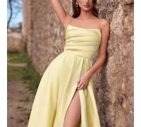 Shein Elegante vestido maxi sin tirantes con pliegues, diseño con abertura fluida, adecuado para bodas de primavera/verano, galas y eventos de alfombra roja