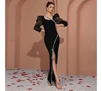 Shein Elegante y deslumbrante vestido de fiesta con decoración de diamantes transparentes, mangas princesa de tres cuartos, sexy diseño de vendaje, vestido