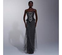 Shein Elegante y lujoso vestido ajustado con bordado floral de cuentas, escote barco, decoración de borlas en la cintura, adecuado para galas de noche, expo