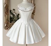 Shein Elegante y lujoso vestido blanco de satén sin tirantes con escote de velero, cadena de strass hecha a mano y decoración de apliques, moldeado corporal
