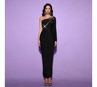 Shein Elegante y lujoso vestido de noche largo de manga asimétrica única, hecho a mano en color negro con piedras preciosas de colores