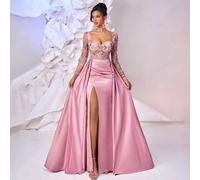 Shein Elegante y lujoso vestido de satén con escote de corazón, mangas transparentes, parches de cuentas y lentejuelas en esmeralda, corte de sirena con abe