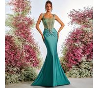 Shein Elegante y lujoso vestido largo de punto elástico con apliques de lentejuelas y pedrería, diseño fruncido de sirena, apropiado para bodas, fiestas, di