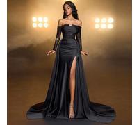 Shein Elegante y lujoso vestido maxi de cola de sirena con espalda abierta, hecho a mano con aplicaciones florales de encaje negro y lentejuelas, y falda fl