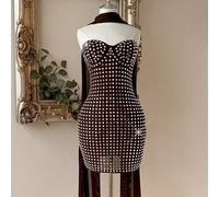 Shein Elegante y lujoso vestido mini ajustado de punto con hombros descubiertos, adornado con cristales, estilo Bombshell del Milenio, adecuado para bodas,