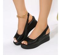 Shein Elegantes Sandalias De Plataforma Con Tacón De Cuña Para Mujer, Sin Cordones, Negras, Perfectas Para Viajes, Vacaciones, Ocio, Suelas Gruesas Adecuada