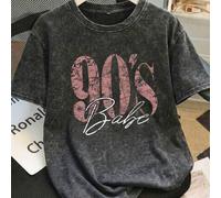 Shein Es Trus 100% Algodón Camiseta de Verano para Mujer "90s Girl" Estampado Gráfico Estilo Callejero Y2K Negro Talla Grande Cuello Redondo Manga Corta Lav
