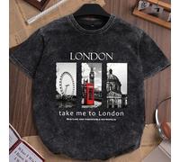 Shein Es Trus Algodón, Camiseta de manga corta de estilo punk retro cómoda y a la moda con estampado personalizado de "Arquitectura de Londres" para mujeres