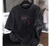 Shein Es Trus Algodón, Camiseta de manga corta de estilo punk retro cómoda y a la moda con estampado de cartas de póker personalizado, adecuada para ocio al