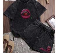 Shein Es Trus Algodón, Conjunto de Camiseta y Pantalones Cortos de Estilo Retro y Cómodo para Mujer, Estampado Personalizado "Cherry, Sexy Red Lip Cherry",