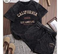 Shein Es Trus Algodón, Estampado divertido de verano para mujer Estilo hip-hop retro americano "CALIFORNIA, LOS ÁNGELES" Estampado de leopardo Estampado de