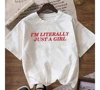 Shein Es Trus Summer Camiseta de Mujer con Estampado "I'm LITERALLY JUST A GIRL" Estilo Callejero Y2k Blanco Cuello Redondo Talla Grande Manga Corta