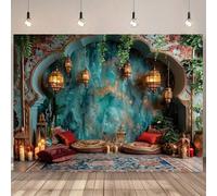 Shein Escena de catedral y palacio europeos vintage con luz de velas - Fondo de poliéster azul claro, impresión de un solo lado, apto para cabina de fotos,