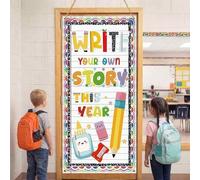 Shein Escribe tu propia historia este año Pancarta para puerta de aula Regreso a clases Letrero colgante vertical para puerta Estampado de arcoíris y artícu