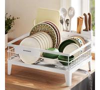 Shein Escurreplatos, Escurridor para Encimera de Cocina, Giratorio 360° y Extensible, con Soporte para Cubiertos, 31 x 42 x 18,5 cm, Blanco Nube