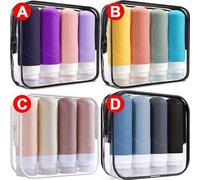 Shein Esenciales de viaje Juego de 4 piezas para cosméticos Traje de viaje Loción Champú Gel de ducha Botella con manguera Botella de macaron Botella exprim