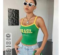 Shein Eslogan del alfabeto brasileño, chaleco corto básico, simple y delgado, parte inferior deportiva interior de primavera y verano, blusas sin mangas sua