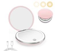 Shein Espejo de maquillaje circular de alta definición con aumento de 5x, 3 niveles de atenuación, cubierta plegable portátil y luz LED recargable USB. Espe