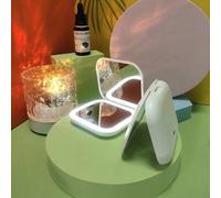 Shein Espejo de maquillaje LED cuadrado de doble cara con tapa abatible, de bolsillo redondo y plegable, con iluminación, compacto y portátil, 3X de aumento