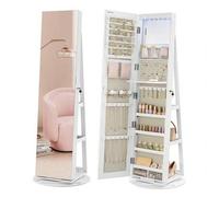 Shein Espejo Joyero con 6 LEDs, Armario de Joyas de Giro de 360°, Organizador de Joyas Giratorio, sin Marco, Espejo Completo con Almacenaje, Superficie Blan