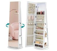 Shein Espejo Joyero con 6 LEDs, Armario de Joyas de Giro de 360°, Organizador de Joyas Giratorio, sin Marco, Espejo Completo con Almacenaje, Superficie Blan