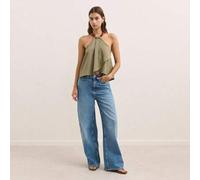 Shein Esta blusa sin mangas con cuello halter en olivo apagado tiene un frente drapeado y un escote con cuentas de madera, creando una silueta relajada y fl