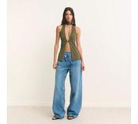 Shein Esta blusa sin mangas de color verde oliva oscuro presenta una textura acanalada y un frente abierto con un cuello de halter, creando una silueta delg