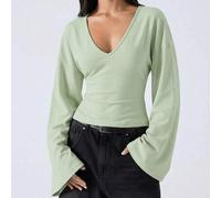 Shein Esta camisa de manga de campana de unicolor versátil y casual para mujer del 2026 es adecuada para ir al trabajo, Navidad, Año Nuevo, Acción de Gracia