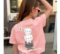 Shein Esta camiseta casual de cuello redondo en color rosa para niños presenta un diseño creativo con estampado de gato, muy adecuada para niñas y niños un
