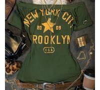 Shein Esta camiseta de manga corta ajustada con hombros descubiertos de talla grande estilo Y2K de los 2000 presenta la palabra "NEW YORK" y tiene un estilo